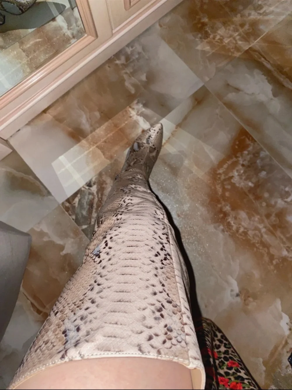 Snake-Print Over-the-Knee Boots in Taupe Brown